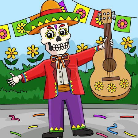 Téléchargez les illustrations : Ce clipart de bande dessinée montre une illustration de Cinco de Mayo Skeleton Holding Guitar. - en licence libre de droit