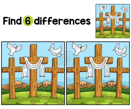 Ilustración de Encuentra o detecta las diferencias en esta página de actividades para niños de Christian Three Cross. Un divertido y educativo juego de puzzle a juego para los niños. - Imagen libre de derechos