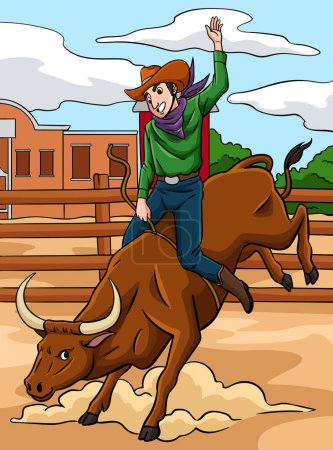 Ilustración de Este clip de dibujos animados muestra una ilustración de Cowboy Bull Rider. - Imagen libre de derechos
