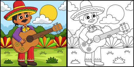 Téléchargez les illustrations : Cette page à colorier montre un garçon mexicain Cinco de Mayo avec une guitare. Un côté de cette illustration est coloré et sert d'inspiration pour les enfants. - en licence libre de droit
