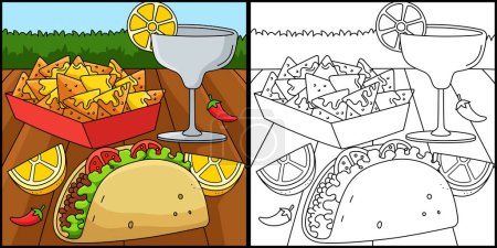 Téléchargez les illustrations : Cette page à colorier montre un Cinco de Mayo Taco, Nachos et Margarita. Un côté de cette illustration est coloré et sert d'inspiration pour les enfants. - en licence libre de droit