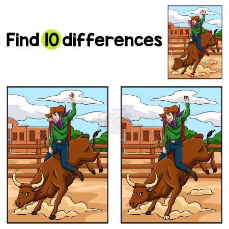 Ilustración de Encuentra o detecta las diferencias en esta página de actividades para niños Cowboy Bull Rider. Un divertido y educativo juego de puzzle a juego para los niños. - Imagen libre de derechos