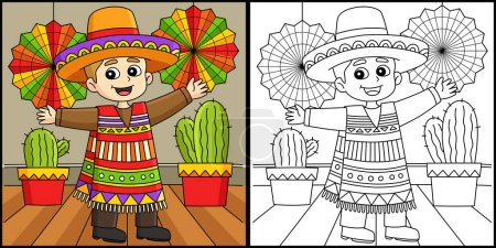 Téléchargez les illustrations : Cette page à colorier montre un garçon mexicain Cinco de Mayo. Un côté de cette illustration est coloré et sert d'inspiration pour les enfants. - en licence libre de droit