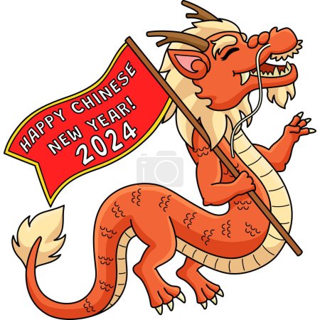 Illustration for This cartoon clipart shows a Year of the Dragon Holding a Flag illustration. - Royalty Free Image