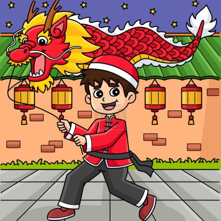 Illustration for This cartoon clipart shows a Year of the Dragon Boy with a Lantern illustration. - Royalty Free Image