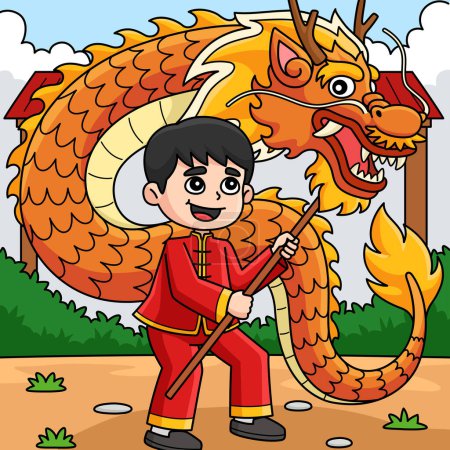 Illustration for This cartoon clipart shows a Year of the Dragon Dance Kids illustration. - Royalty Free Image