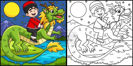 Illustration for This coloring page shows a Year of the Dragon Boy Riding a Dragon. One side of this illustration is colored and serves as an inspiration for children. - Royalty Free Image