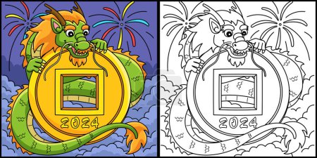 Illustration for This coloring page shows a Year of the Dragon with a 2024 Coin. One side of this illustration is colored and serves as an inspiration for children. - Royalty Free Image