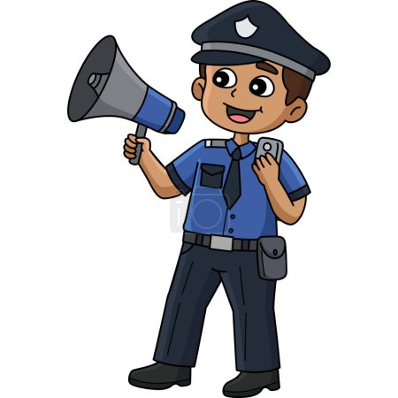 Téléchargez les illustrations : Ce clipart de bande dessinée montre un policier avec une illustration de mégaphone. - en licence libre de droit