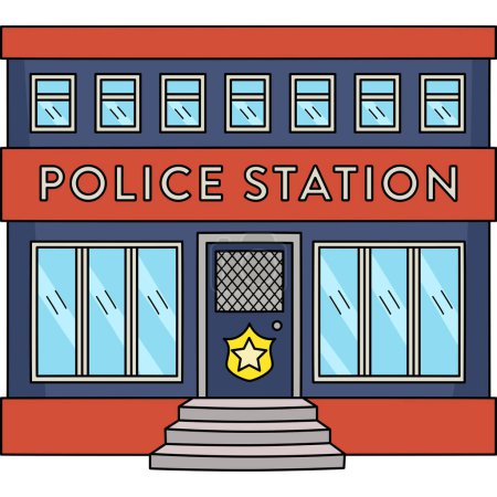 Téléchargez les illustrations : Ce clipart de bande dessinée montre une illustration du poste de police. - en licence libre de droit