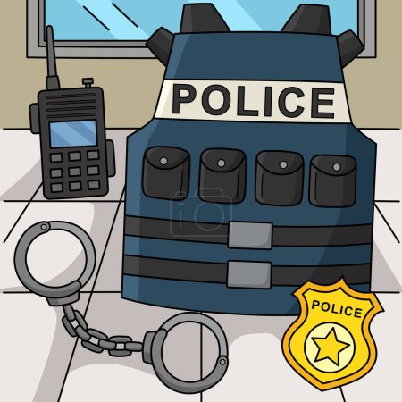 Téléchargez les illustrations : Ce clipart de bande dessinée montre une illustration d'équipement de policier. - en licence libre de droit