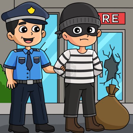 Téléchargez les illustrations : Cette bande dessinée montre un policier arrêtant un voleur illustration. - en licence libre de droit