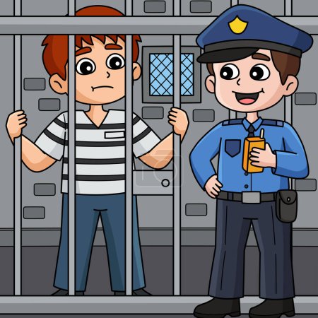 Téléchargez les illustrations : Ce clipart de bande dessinée montre un homme policier et prisonnier illustration. - en licence libre de droit