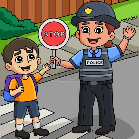 Téléchargez les illustrations : Ce clipart de bande dessinée montre un policier de la circulation aidant l'illustration Kid. - en licence libre de droit