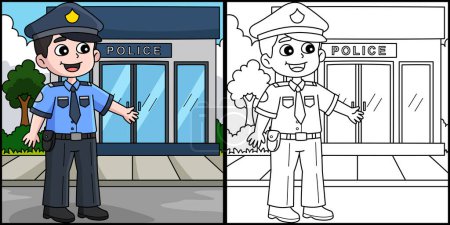 Téléchargez les illustrations : Cette page à colorier montre un policier. Un côté de cette illustration est coloré et sert d'inspiration pour les enfants. - en licence libre de droit