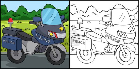 Téléchargez les illustrations : Cette page à colorier montre une moto de police. Un côté de cette illustration est coloré et sert d'inspiration pour les enfants. - en licence libre de droit