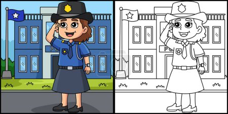 Téléchargez les illustrations : Cette page à colorier montre une femme policier. Un côté de cette illustration est coloré et sert d'inspiration pour les enfants. - en licence libre de droit