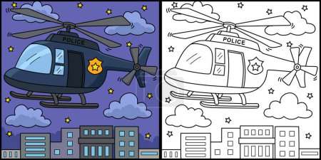 Téléchargez les illustrations : Cette page à colorier montre un hélicoptère de police. Un côté de cette illustration est coloré et sert d'inspiration pour les enfants. - en licence libre de droit