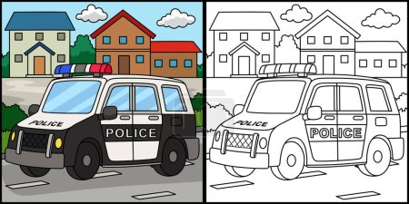 Téléchargez les illustrations : Cette page à colorier montre une voiture de police. Un côté de cette illustration est coloré et sert d'inspiration pour les enfants. - en licence libre de droit