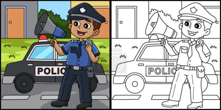 Téléchargez les illustrations : Cette page à colorier montre un policier avec un mégaphone. Un côté de cette illustration est coloré et sert d'inspiration pour les enfants. - en licence libre de droit