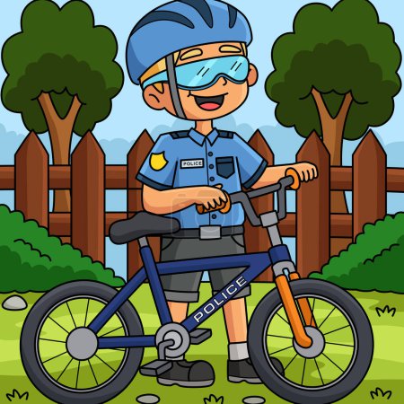 Téléchargez les illustrations : Ce clipart de bande dessinée montre un policier avec une illustration de vélo. - en licence libre de droit