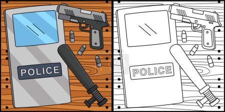 Téléchargez les illustrations : Cette page à colorier montre l'équipement des policiers. Un côté de cette illustration est coloré et sert d'inspiration pour les enfants. - en licence libre de droit