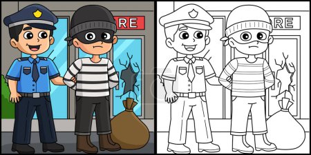 Téléchargez les illustrations : Cette page à colorier montre un policier arrêtant un voleur. Un côté de cette illustration est coloré et sert d'inspiration pour les enfants. - en licence libre de droit