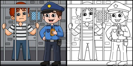 Téléchargez les illustrations : Cette page à colorier montre un policier et un prisonnier. Un côté de cette illustration est coloré et sert d'inspiration pour les enfants. - en licence libre de droit