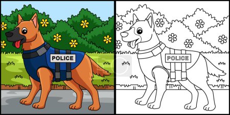 Téléchargez les illustrations : Cette page à colorier montre un chien policier. Un côté de cette illustration est coloré et sert d'inspiration pour les enfants. - en licence libre de droit