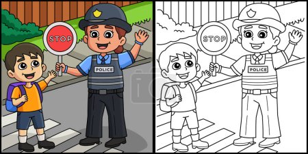 Téléchargez les illustrations : Cette page à colorier montre un policier qui aide le gamin. Un côté de cette illustration est coloré et sert d'inspiration pour les enfants. - en licence libre de droit