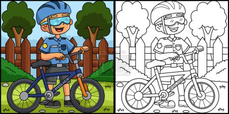 Téléchargez les illustrations : Cette page à colorier montre un policier avec un vélo. Un côté de cette illustration est coloré et sert d'inspiration pour les enfants. - en licence libre de droit