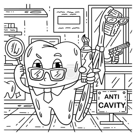 Ilustración de Una página para colorear linda y divertida de un Dental Care Anti Cavity Detectives. Proporciona horas de diversión para colorear para los niños. Para colorear, esta página es muy fácil. Apto para niños pequeños y niños pequeños. - Imagen libre de derechos