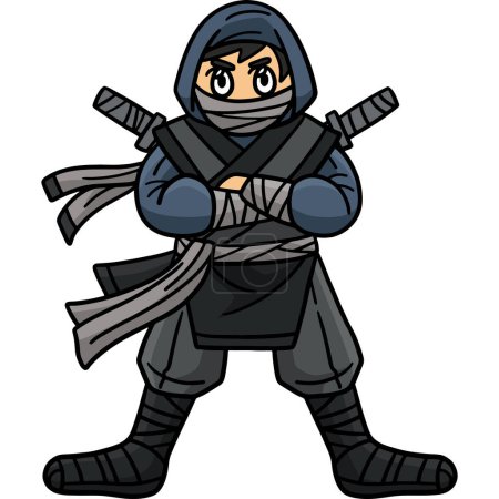 Téléchargez les illustrations : Ce clipart de bande dessinée montre un Ninja avec une illustration Ninjato. - en licence libre de droit