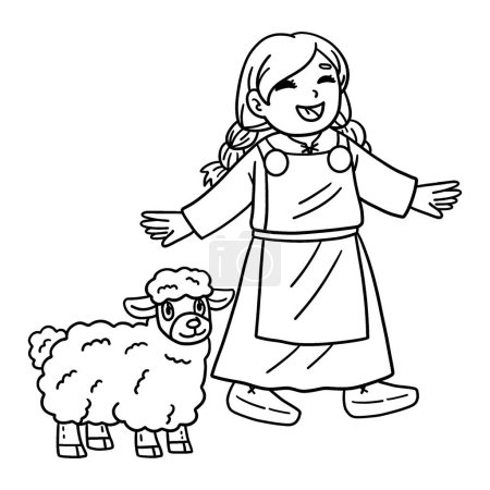 Ilustración de Una página para colorear lindo y divertido de un niño vikingo con ovejas. Proporciona horas de diversión para colorear para los niños. Para colorear, esta página es muy fácil. Apto para niños pequeños y niños pequeños. - Imagen libre de derechos