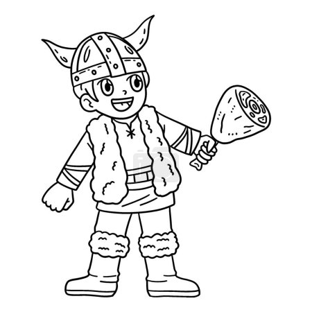 Illustration for A cute and funny coloring page of a Viking Roasting Meat on a Bonfire. Provides hours of coloring fun for children. To color, this page is very easy. Suitable for little kids and toddlers. - Royalty Free Image
