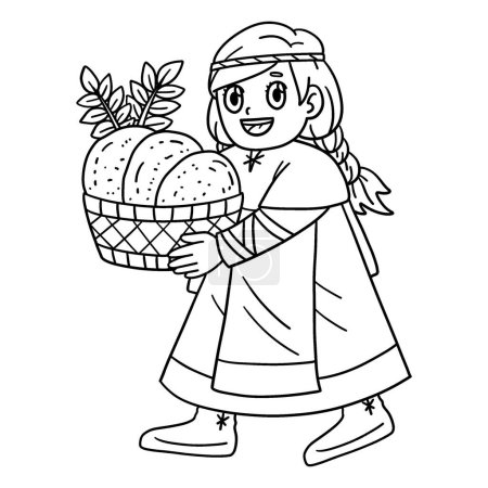 Illustration for A cute and funny coloring page of a Viking Child with a Basket of Bread. Provides hours of coloring fun for children. To color, this page is very easy. Suitable for little kids and toddlers. - Royalty Free Image