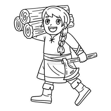 Illustration for A cute and funny coloring page of a Viking with an Axe and Wood. Provides hours of coloring fun for children. To color, this page is very easy. Suitable for little kids and toddlers. - Royalty Free Image
