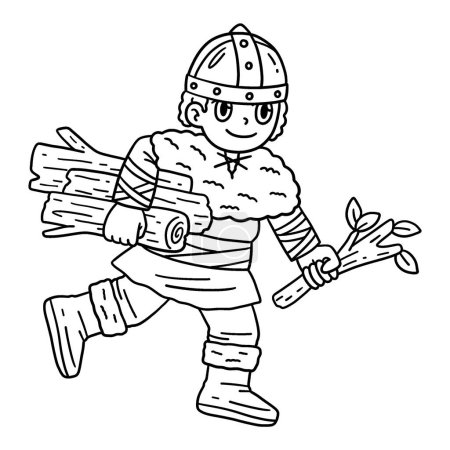 Illustration for A cute and funny coloring page of a Viking Child Gathering Logs. Provides hours of coloring fun for children. To color, this page is very easy. Suitable for little kids and toddlers. - Royalty Free Image