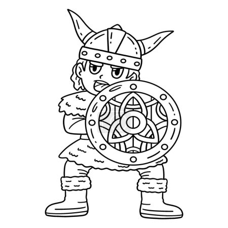 Illustration for A cute and funny coloring page of a Viking with a Shield. Provides hours of coloring fun for children. To color, this page is very easy. Suitable for little kids and toddlers. - Royalty Free Image