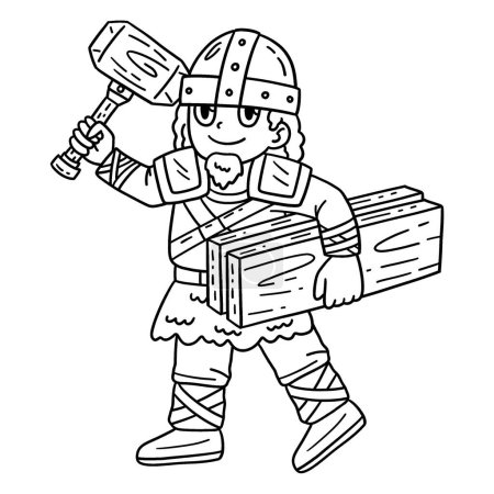 Illustration for A cute and funny coloring page of a Viking with Wood Planks. Provides hours of coloring fun for children. To color, this page is very easy. Suitable for little kids and toddlers. - Royalty Free Image