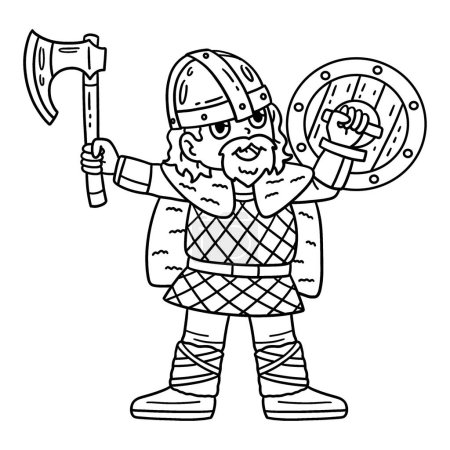 Illustration for A cute and funny coloring page of a Viking Raising Axe. Provides hours of coloring fun for children. To color, this page is very easy. Suitable for little kids and toddlers. - Royalty Free Image