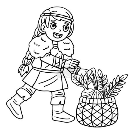 Illustration for A cute and funny coloring page of a Viking with Basket of Harvest. Provides hours of coloring fun for children. To color, this page is very easy. Suitable for little kids and toddlers. - Royalty Free Image