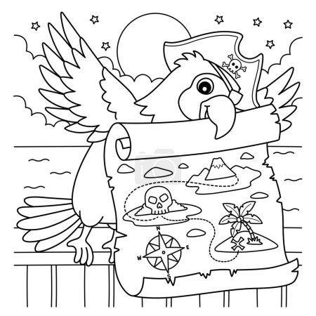 A cute and funny coloring page of a Pirate Parrot with a Treasure Map. Provides hours of coloring fun for children. To color, this page is very easy. Suitable for little kids and toddlers.