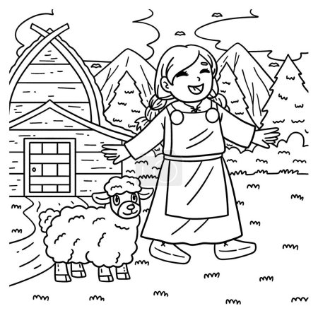 Illustration for A cute and funny coloring page of a Viking Child with Sheep. Provides hours of coloring fun for children. To color, this page is very easy. Suitable for little kids and toddlers. - Royalty Free Image