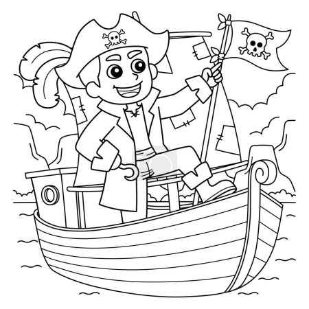 A cute and funny coloring page of a Pirate on a Boat. Provides hours of coloring fun for children. To color, this page is very easy. Suitable for little kids and toddlers.