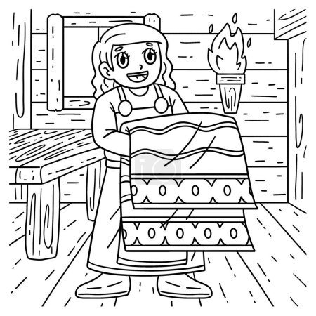 Illustration for A cute and funny coloring page of a Viking with Tapestry. Provides hours of coloring fun for children. To color, this page is very easy. Suitable for little kids and toddlers. - Royalty Free Image