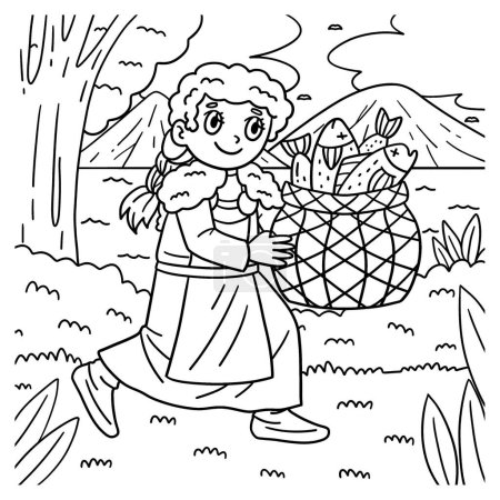 Ilustración de Una página para colorear lindo y divertido de una chica vikinga con una cesta de pescado. Proporciona horas de diversión para colorear para los niños. Para colorear, esta página es muy fácil. Apto para niños pequeños y niños pequeños. - Imagen libre de derechos