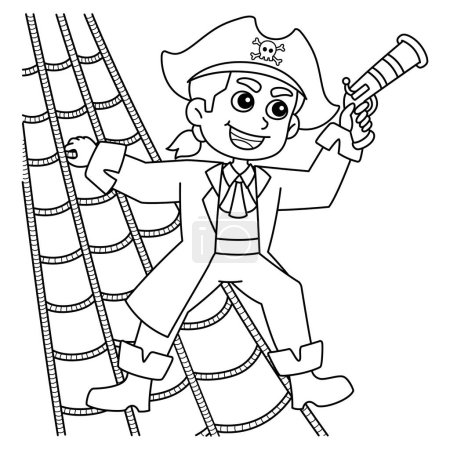 Illustration for A cute and funny coloring page of a Pirate on a Rope Ladder. Provides hours of coloring fun for children. To color, this page is very easy. Suitable for little kids and toddlers. - Royalty Free Image