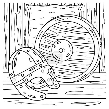 Illustration for A cute and funny coloring page of a Viking Helmet and Shield. Provides hours of coloring fun for children. To color, this page is very easy. Suitable for little kids and toddlers. - Royalty Free Image