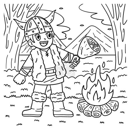 Illustration for A cute and funny coloring page of a Viking Roasting Meat. Provides hours of coloring fun for children. To color, this page is very easy. Suitable for little kids and toddlers. - Royalty Free Image